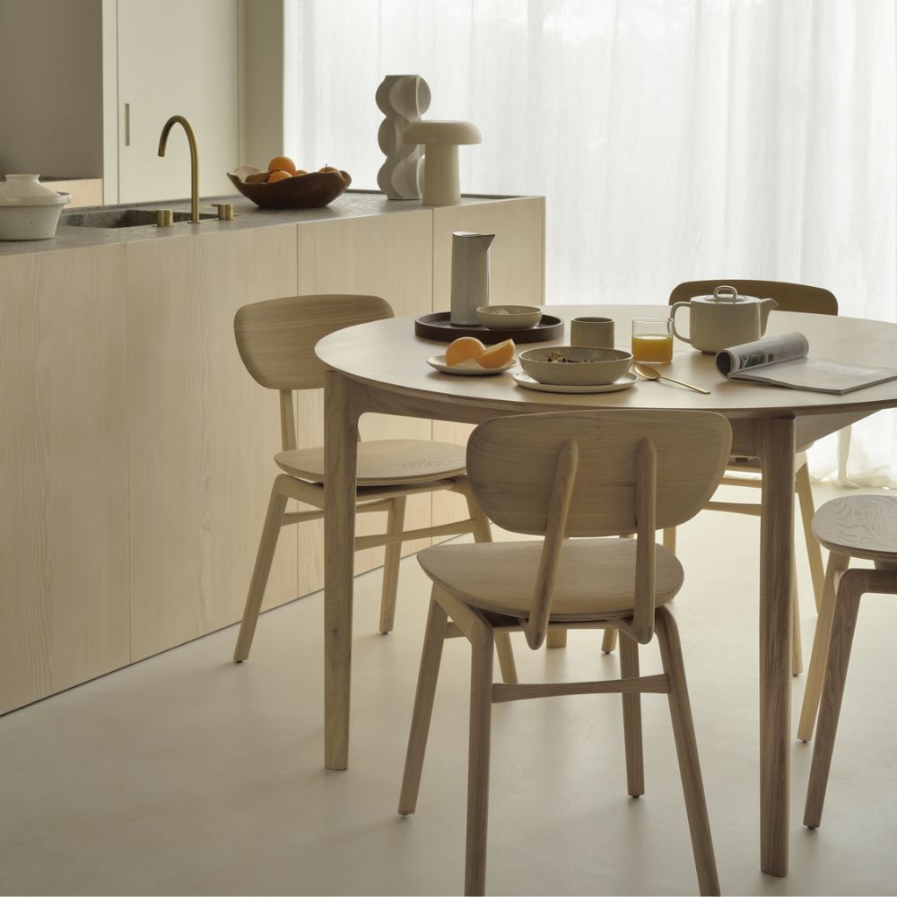 Ethnicraft Bok Round Extending Dining Table — Oak Round Extending Table, Convertible Family Dining