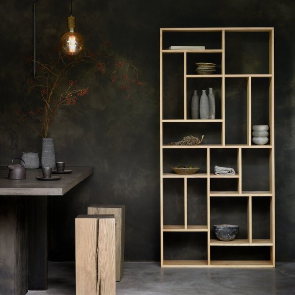 Ethnicraft M Rack – Teak, Oak or Black-Oak Tall Standing Shelf, Solid Wood Modular Bookcase (104 × 30 × 219 cm)