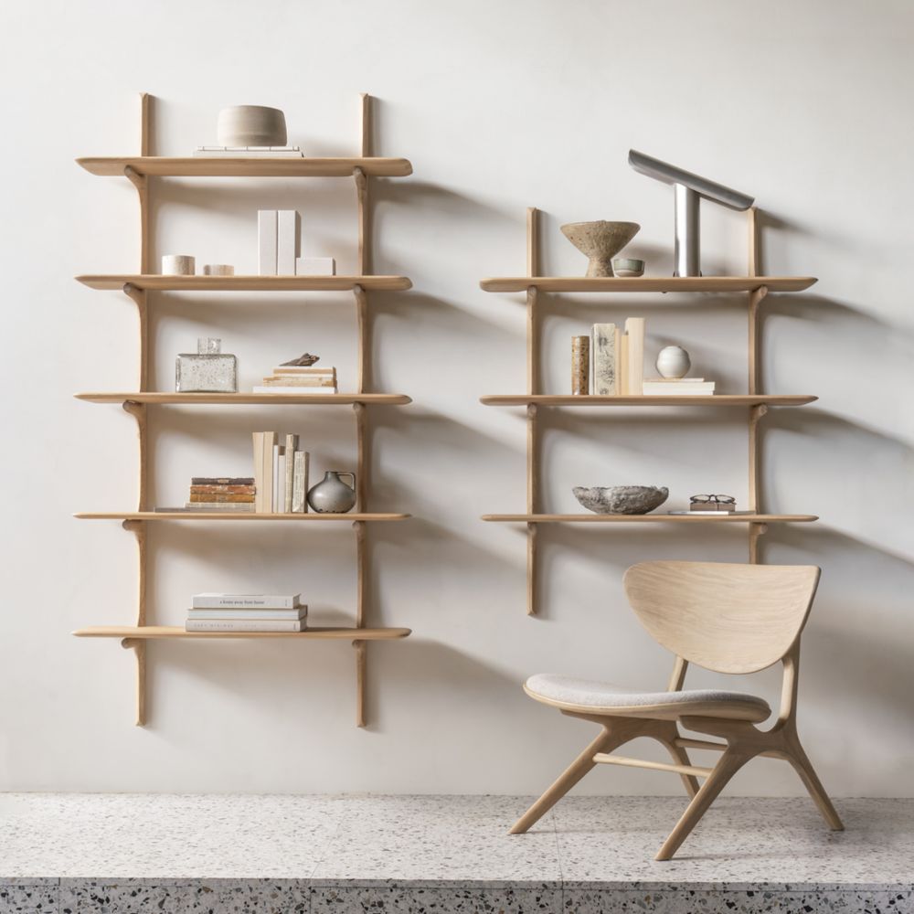 Ethnicraft PI Wall Shelves – Modular Oak/Mahogany Wall-Mounted Shelves with Curved Organic Design