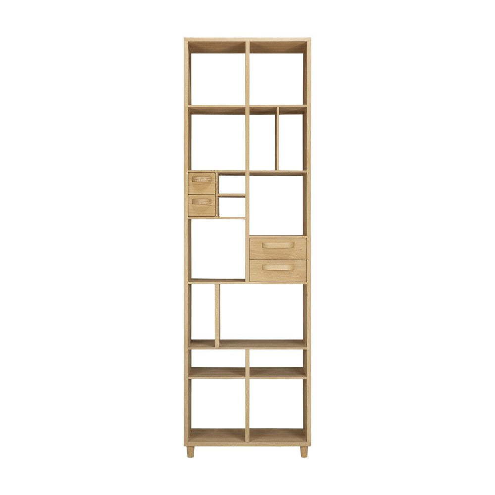 Ethnicraft Pirouette Rack – 60s-Inspired Oak Wood Bookrack with 4 Drawers, Tall Slim Storage (60 × 30 × 200 cm)
