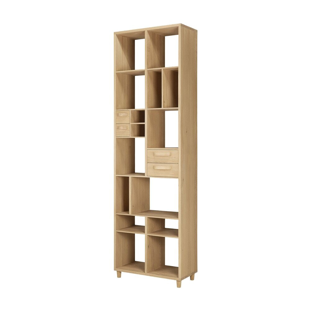 Ethnicraft Pirouette Rack – 60s-Inspired Oak Wood Bookrack with 4 Drawers, Tall Slim Storage (60 × 30 × 200 cm)