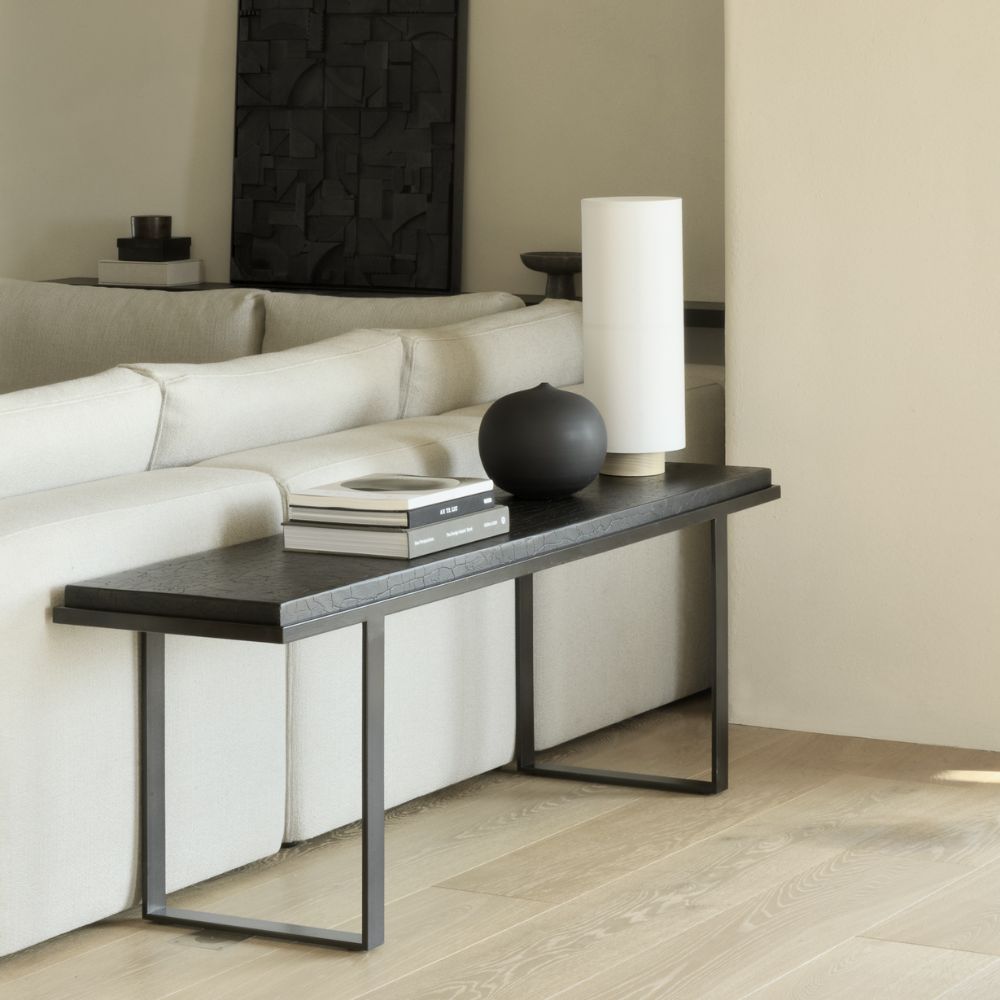 Ethnicraft Stability Console Table — Umber Oak Console, Sturdy Narrow Hall Table with Modern Profile