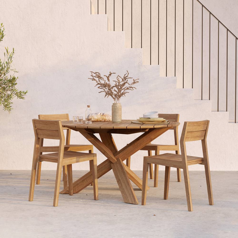 Ethnicraft Circle Outdoor Dining Table – Round Teak Outdoor Table with Sculptural Central Base