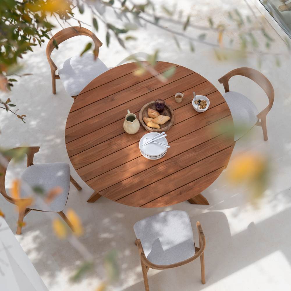 Ethnicraft Circle Outdoor Dining Table – Round Teak Outdoor Table with Sculptural Central Base