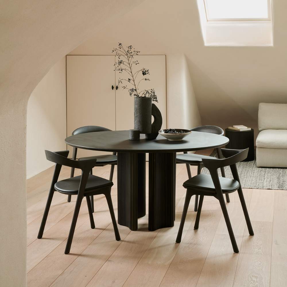 Ethnicraft Roller Max Round Dining Table – Round Textured Wood Table with Layered Roller-Style Legs