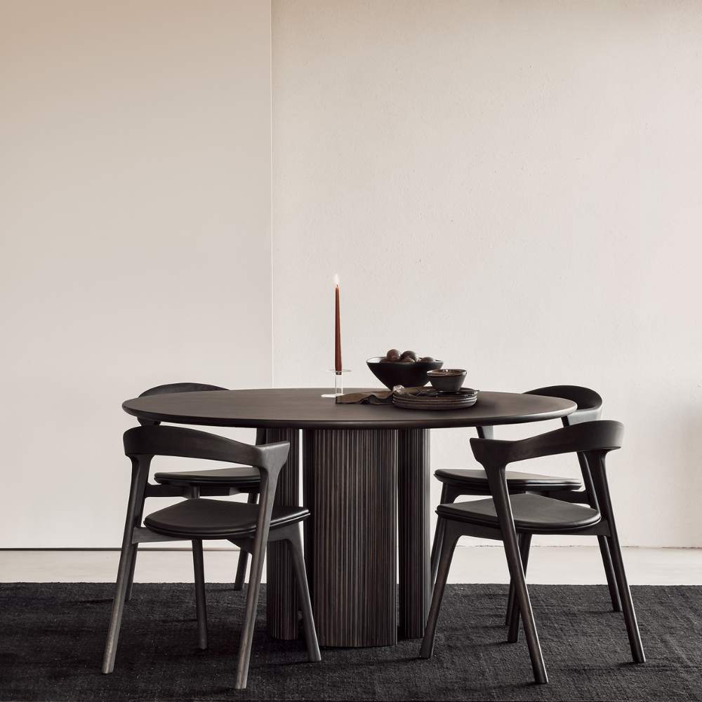 Ethnicraft Roller Max Round Dining Table – Round Textured Wood Table with Layered Roller-Style Legs