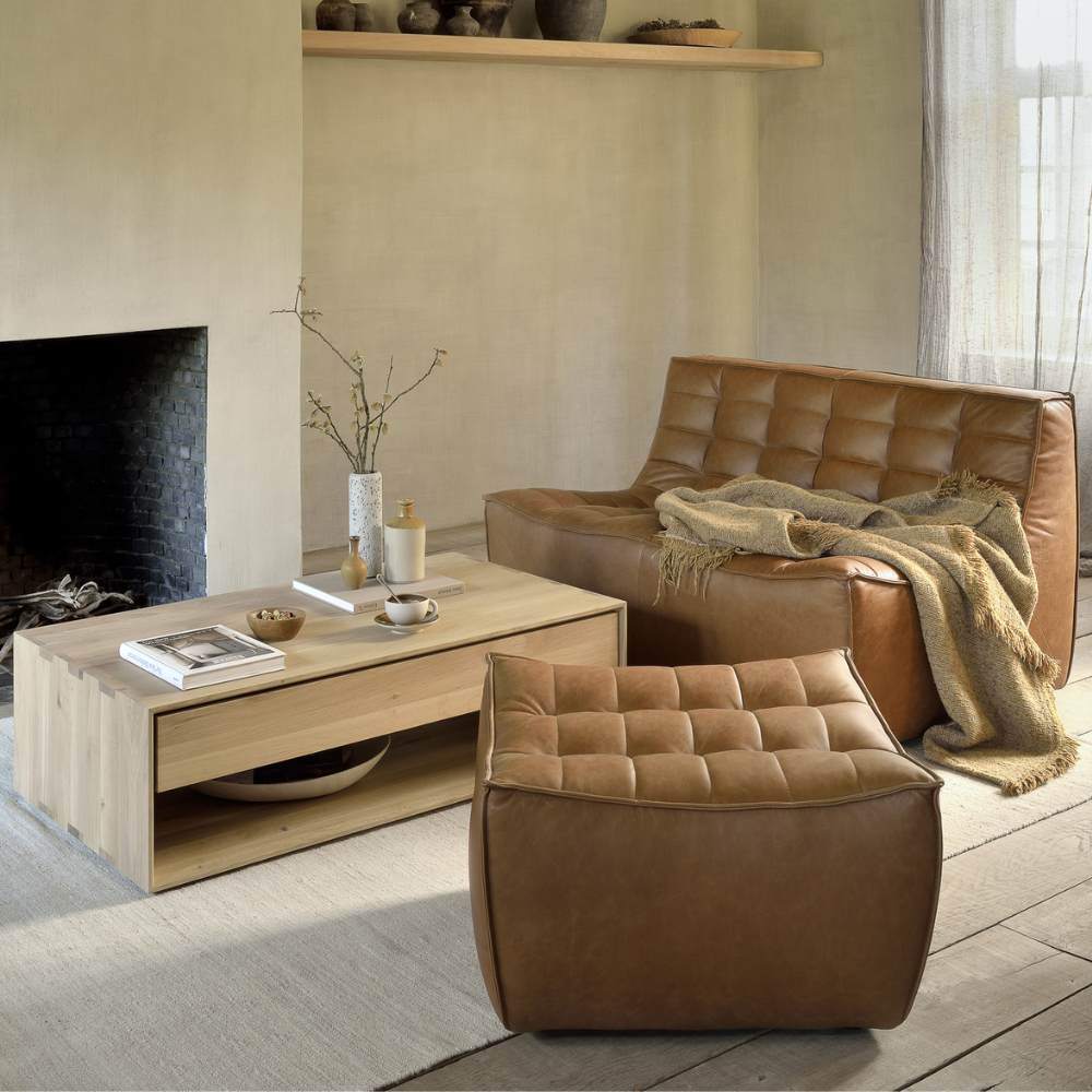 Ethnicraft N701 Modular 1 to 3 Seater Sofa - Stain-Resistant Leather & Memory Foam Comfort - Old Saddle