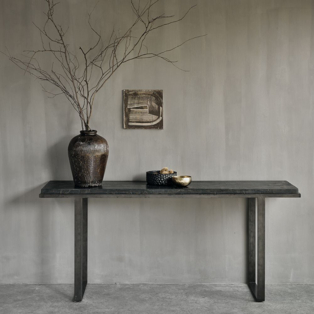 Ethnicraft Stability Console Table — Umber Oak Console, Sturdy Narrow Hall Table with Modern Profile