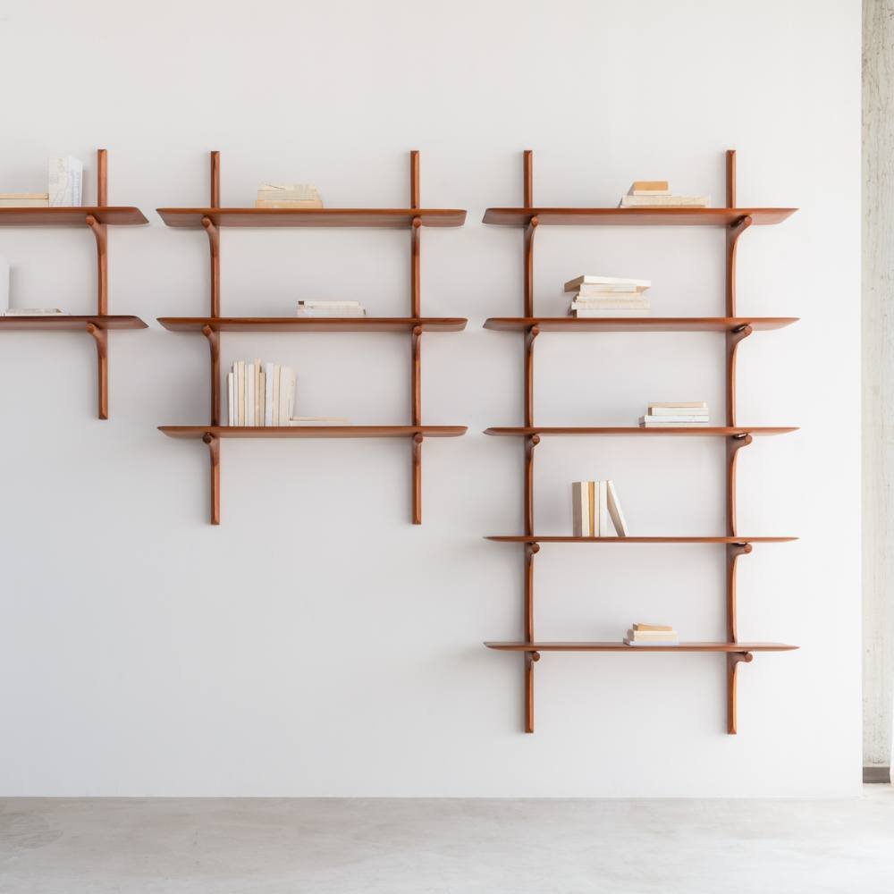 Ethnicraft PI Wall Shelves – Modular Oak/Mahogany Wall-Mounted Shelves with Curved Organic Design