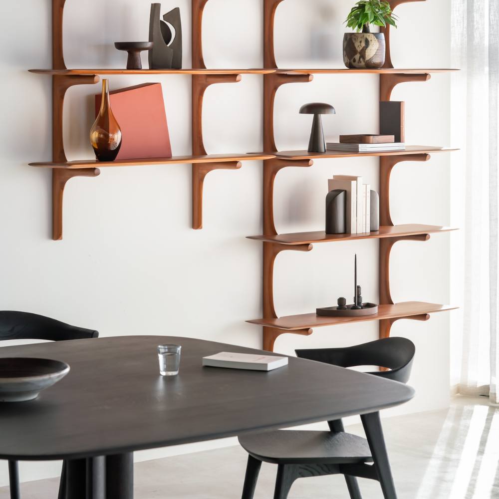 Ethnicraft PI Wall Shelves – Modular Oak/Mahogany Wall-Mounted Shelves with Curved Organic Design