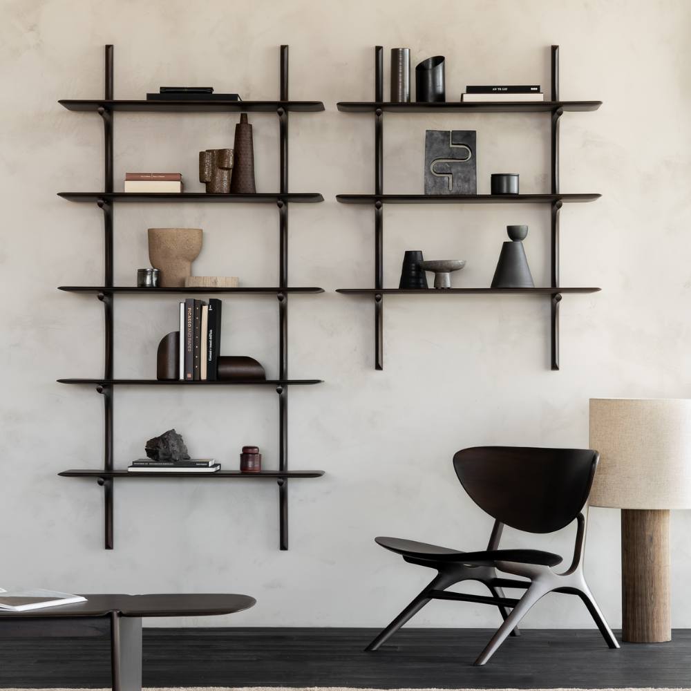Ethnicraft PI Wall Shelves – Modular Oak/Mahogany Wall-Mounted Shelves with Curved Organic Design